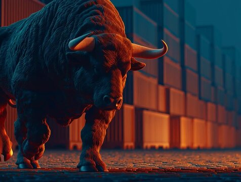 Symbol of Tenacity: A majestic bull stands as a powerful symbol of strength and determination. The image captures the essence of raw power and unwavering resolve, with the bull's imposing presence.