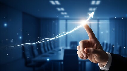 Businessmans hand pointing at a glowing upward arrow symbolizing business growth and success.