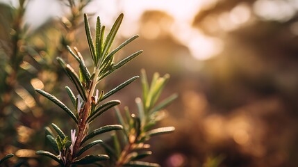 rosemary plant with soft sunlight and blurred background, minimal natural composition, eco branding background,