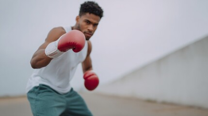 Man in a white tank top and green pants is boxing with red gloves