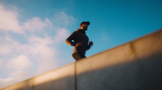 A man runs against a blue sky