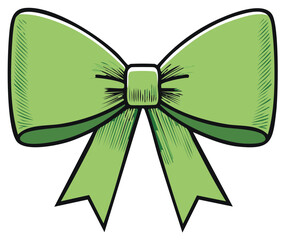 Green ribbon bow illustration with outline in a hand-drawn style, gift present.
