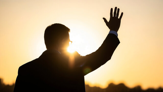Silhouette of politician waving &mdash; symbol of leadership and farewell