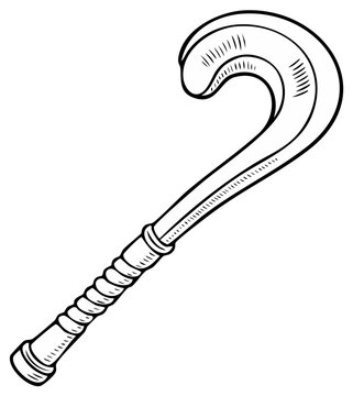Cartoon drawing of an Irish hurling stick with a curved head and textured grip