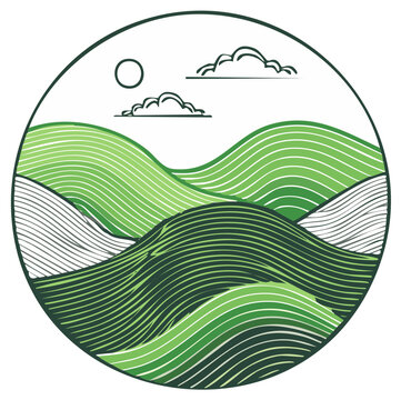 Stylized rolling hills landscape illustration in circular frame
