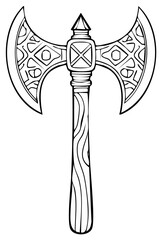 Decorative Double-Edged Axe Head with Ornate Pattern and Wooden Handle Line Art