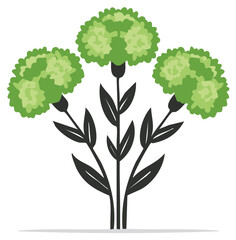 Stylized illustration of three green carnation flowers and leaves isolated on white background.