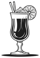 Vintage engraved cocktail drink illustration with whipped cream and lemon garnish in a tall glass