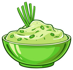 Appetizing cartoon illustration of a creamy green dip with fresh chives and spring onions in a bowl