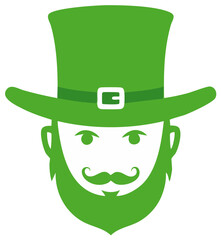 Green Leprechaun Face Icon with Hat, Beard, Mustache, Irish Symbol for St Patricks Day Holiday