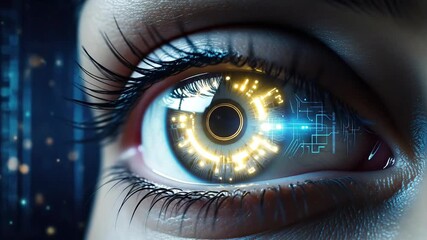 Futuristic digital eye with glowing cybernetic interface and intricate technology details in close-up view - Powered by Adobe