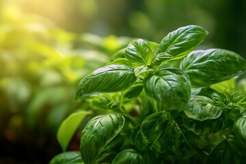 fresh basil leaves growing outdoors, vibrant green herb, natural sunlight, organic garden, healthy cooking concept
