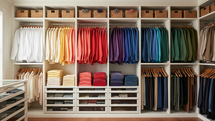 Neatly organized clothes arranged inside wardrobe.