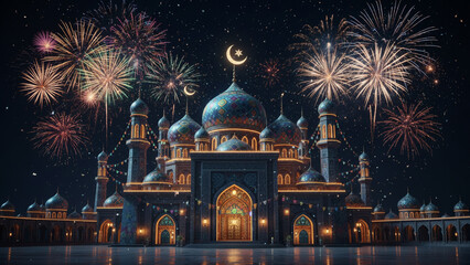 Mosque with fireworks celebration night illustration scene.