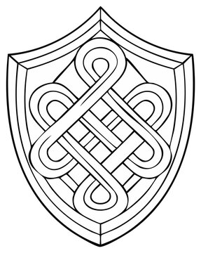 Intricate Celtic knot design within a classic shield shape monochrome line art illustration