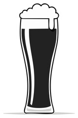 Black and white vector icon of a pint of stout beer overflowing with foam