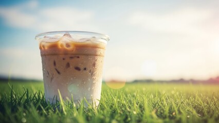Chilled Cappuccino Tea Placed in Lush Green Grass under a Bright Sky