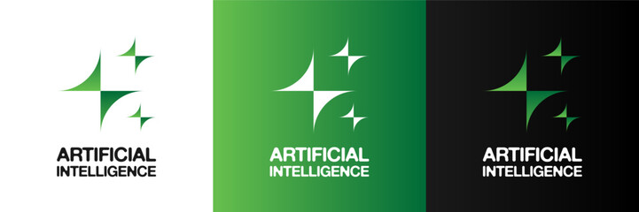 AI logo icon with artificial intelligence concept. Futuristic digital vector badge shows abstract stars. Clean gradient design for chatbot app automation education UX and innovative tech branding.