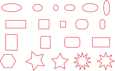 A diverse collection of red outlined geometric shapes including ellipses, rectangles, and stars