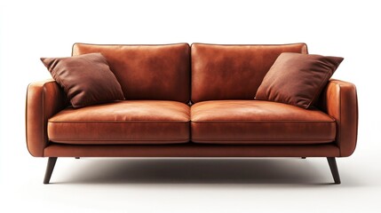Modern leather sofa with cushions isolated on white background for various uses