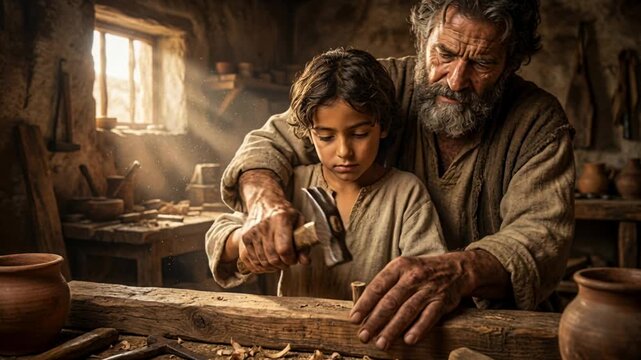 Childhood of Jesus Christ: Saint Joseph the carpenter teaching little Jesus carpentry skills and how to use a hammer in a workshop.