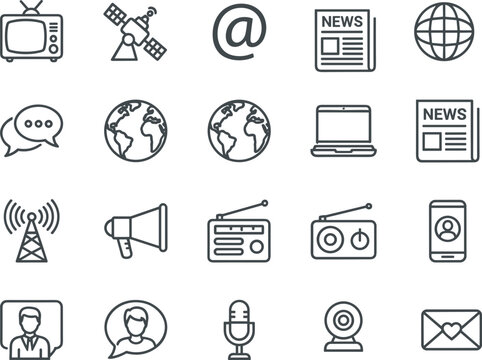 Professional thin line media communication icon set featuring television satellite news globe laptop radio microphone and broadcasting symbols,