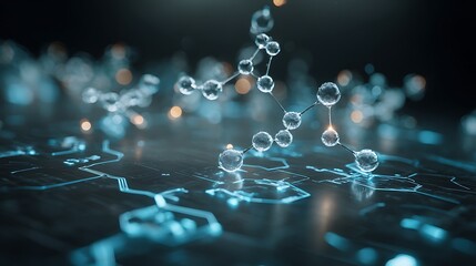 futuristic AI drug discovery interface hologram, molecular structures floating above digital lab surface