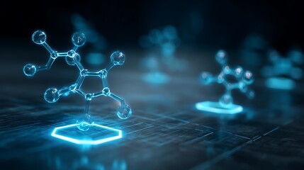 futuristic AI drug discovery interface hologram, molecular structures floating above digital lab surface