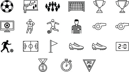 Professional thin line soccer icon set featuring football ball trophy goal jersey whistle stadium medal and sports equipment, © MstBabli