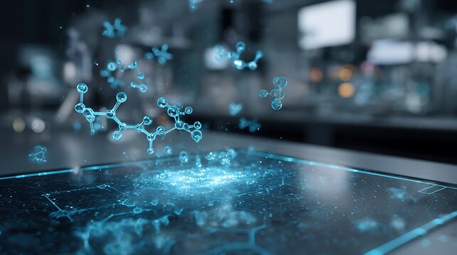 futuristic AI drug discovery interface hologram, molecular structures floating above digital lab surface - Powered by Adobe