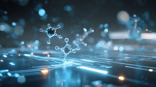futuristic AI drug discovery interface hologram, molecular structures floating above digital lab surface - Powered by Adobe