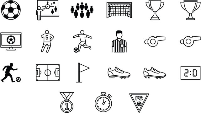 Professional thin line soccer icon set featuring football ball trophy goal jersey whistle stadium medal and sports equipment,