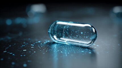 smart digital pill concept with molecular grid hologram, AI pharmaceutical research, futuristic clean lab