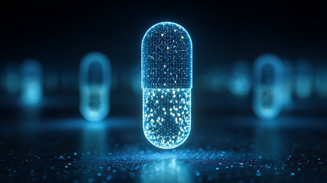 smart digital pill concept with molecular grid hologram, AI pharmaceutical research, futuristic clean lab - Powered by Adobe