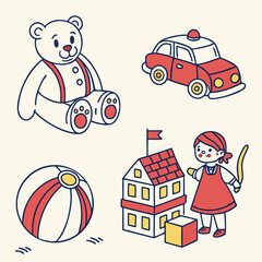 Children's Toys and Playtime Objects Flat Vector Icon Set