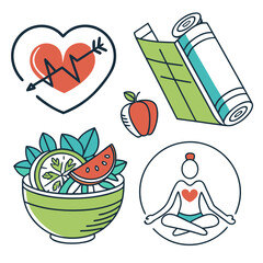Health and Wellness Lifestyle Flat Vector Icon Set