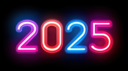 Neon Number 2025 in Bright Colorful Lights on Black Background