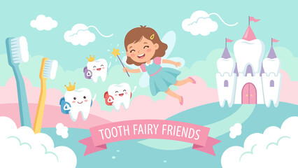 A smiling girl with tooth fairy friends flying above a castle.