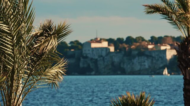 Palm trees swaying gently in the foreground with the historic Fort Carre overlooking the Mediterranean Sea in Antibes