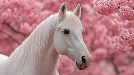White horse with pink cherry blossoms in the background.