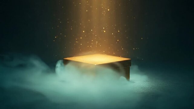 Cinematic golden pedestal in dark foggy studio, illuminated stage with light beam and floating particles, luxury product display background
