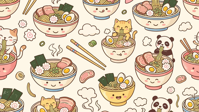 Adorable cartoon cats and pandas in ramen bowls pattern.