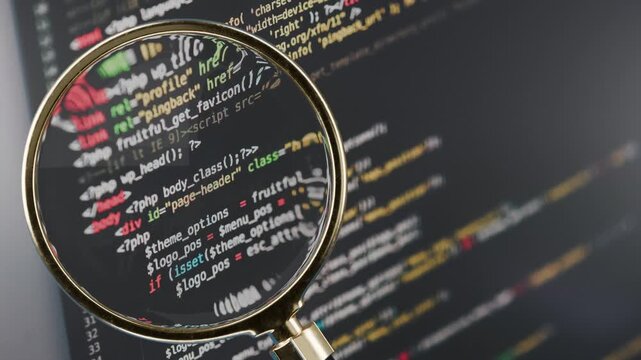 magnifying glass hovering over screen with computer code on it, programmer, hacking