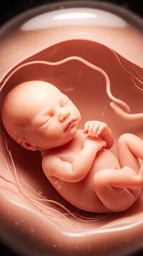 A peaceful fetus rests in its amniotic sac, connected by a umbilical cord