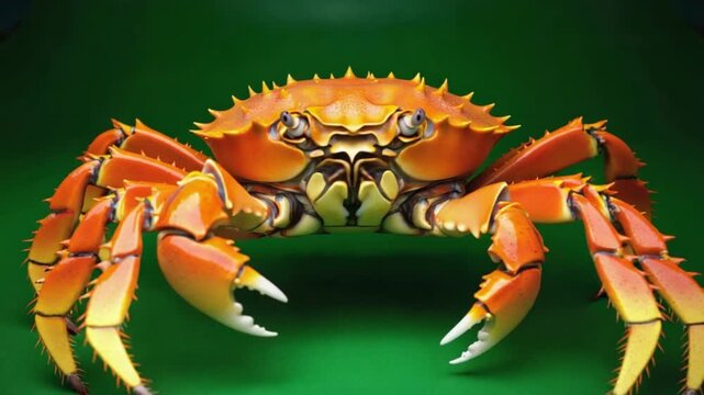 Vibrant orange crab with sharp spines and claws on green background