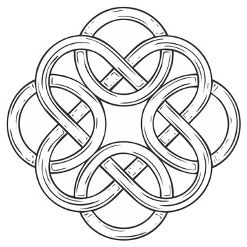 Hand drawn symmetrical Celtic knotwork illustration. Traditional Irish endless knot symbol of eternity line art.