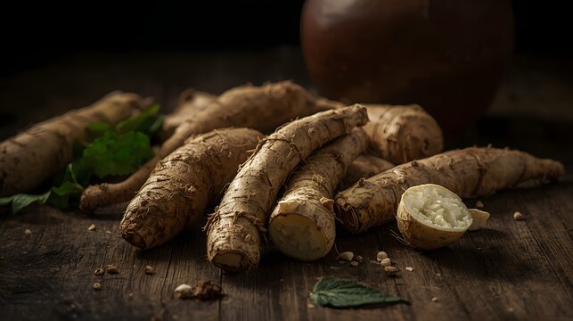 Fresh burdock root gobo on rustic wooden table with earthy texture, organic healthy vegetable ingredient for cooking, nutrition, and natural cuisine