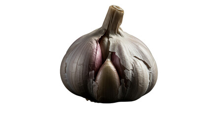 Fresh Garlic: An close-up view of a whole, fresh garlic bulb, its papery layers and individual cloves showcased in detail, emphasizing its culinary and health benefits.