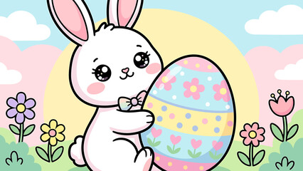 Adorable cartoon bunny holding a decorated Easter egg in a spring garden.
