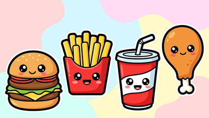Cartoon fast food meal with burger, fries, soda, and chicken leg.